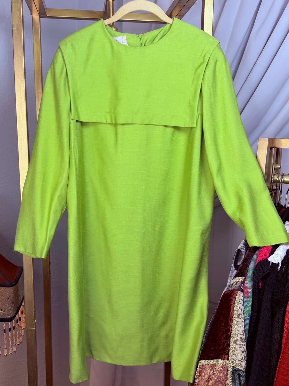 Vintage Chartreuse Lime Green Phil Jacobs Long Sleeve 60s Bib Mod Shift Dress
